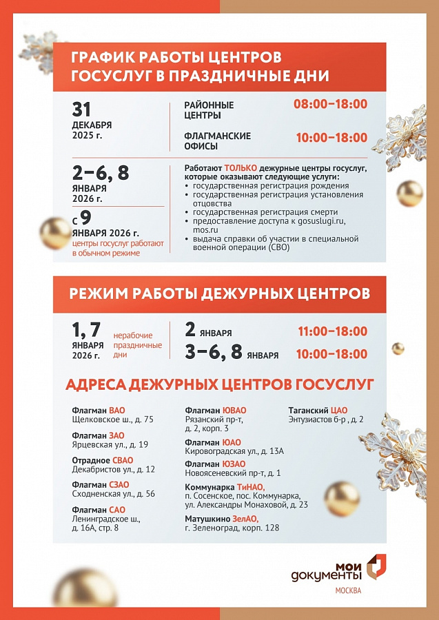График работы центров госуслуг в новогодние праздники